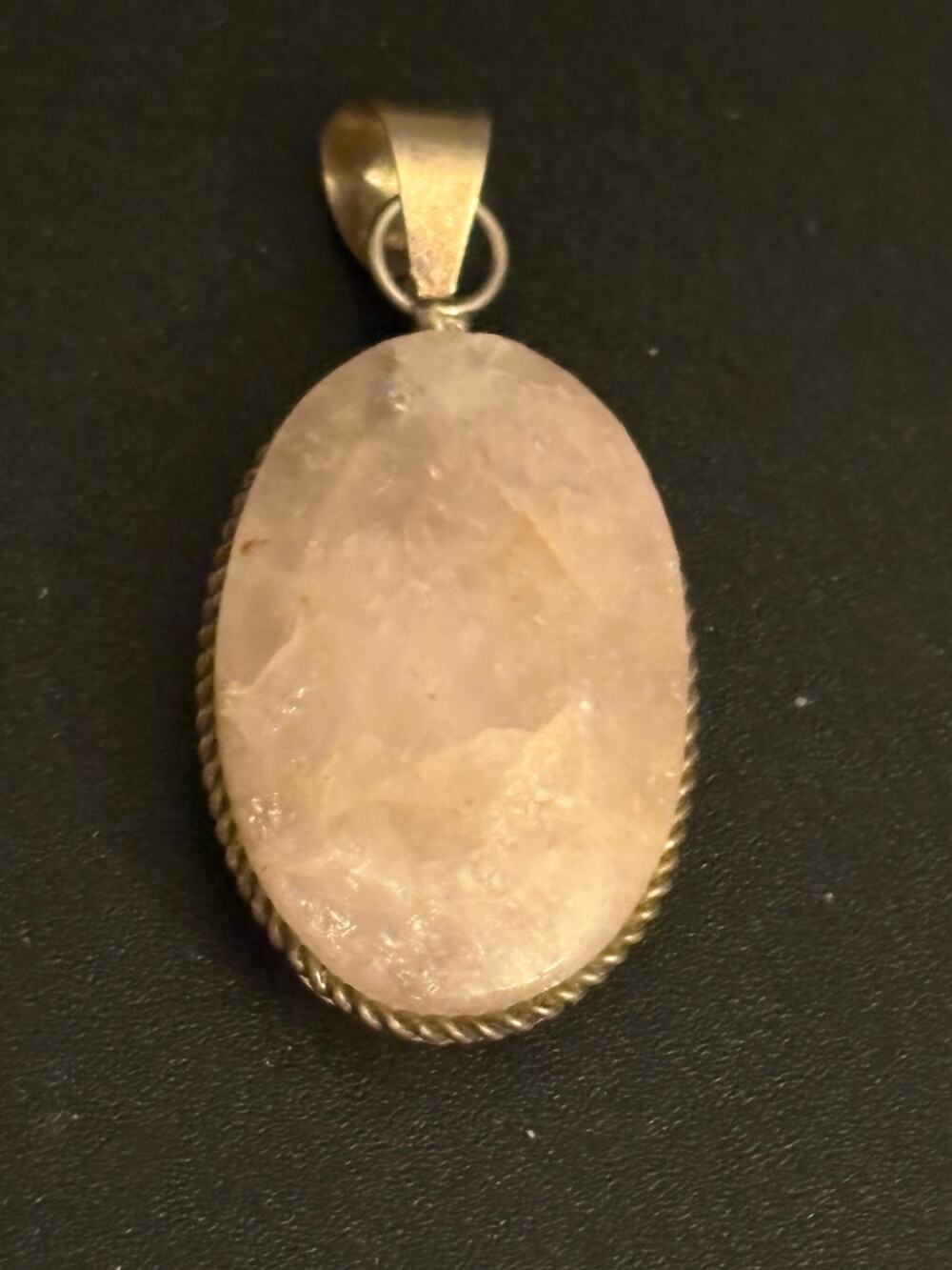 Vintage Genuine Rose Quartz Oval Pendant Silver Tone